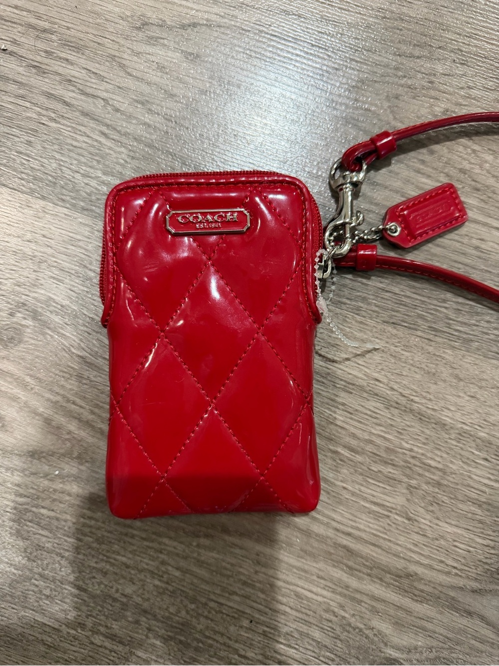 COACH Red Quilted Patent Leather Phone Wristlet with Strap
